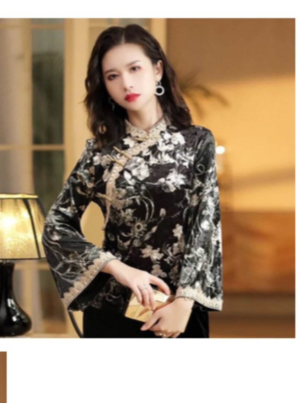 Black Floral Lace Trim Mandarin Collar Blouse Size 2XL.